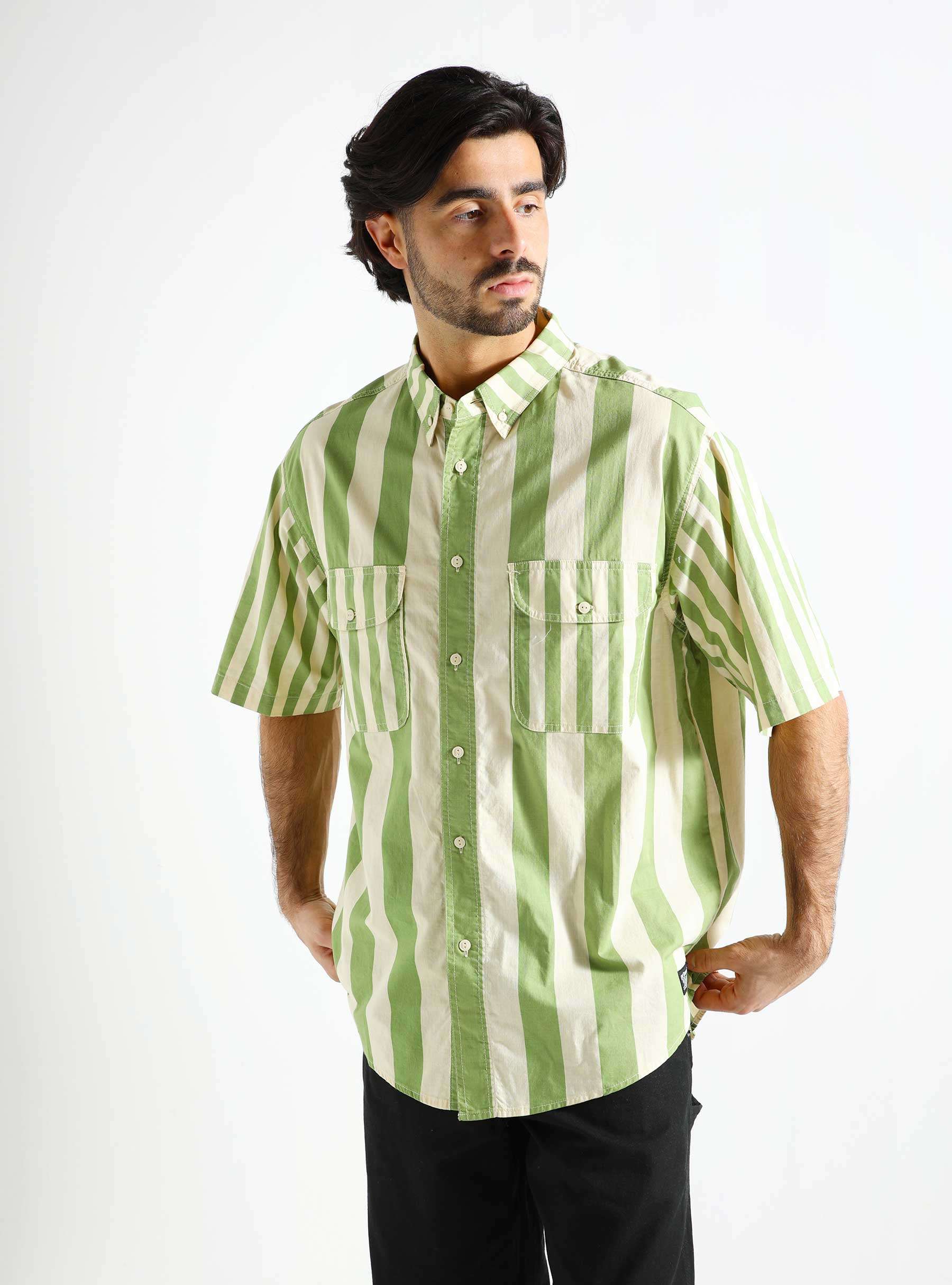 Skate Woven Mixed Up T-shirt Green White Stripes A4329-0002