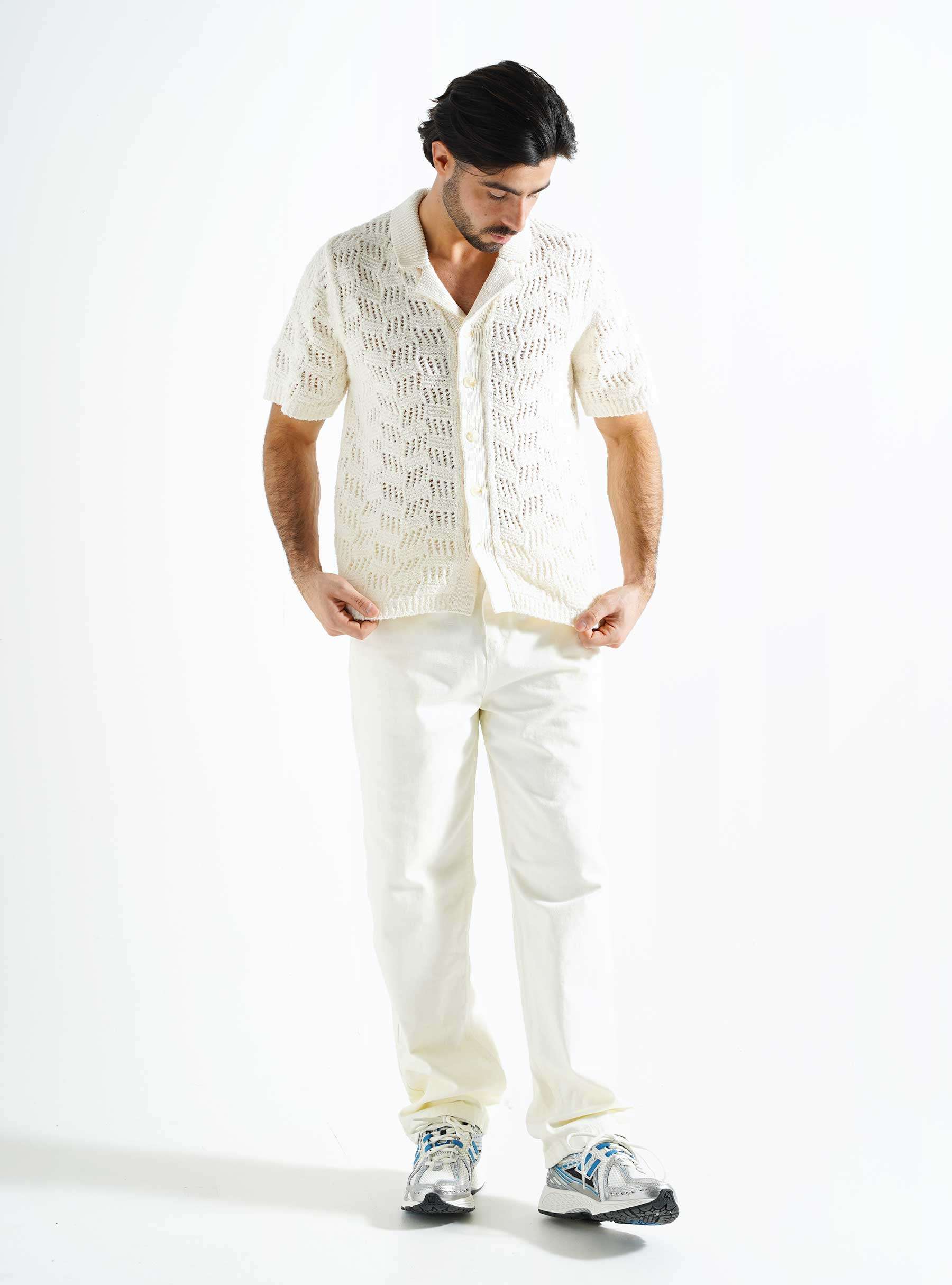 Check Knitted Shortsleeve Shirt Off White M160708