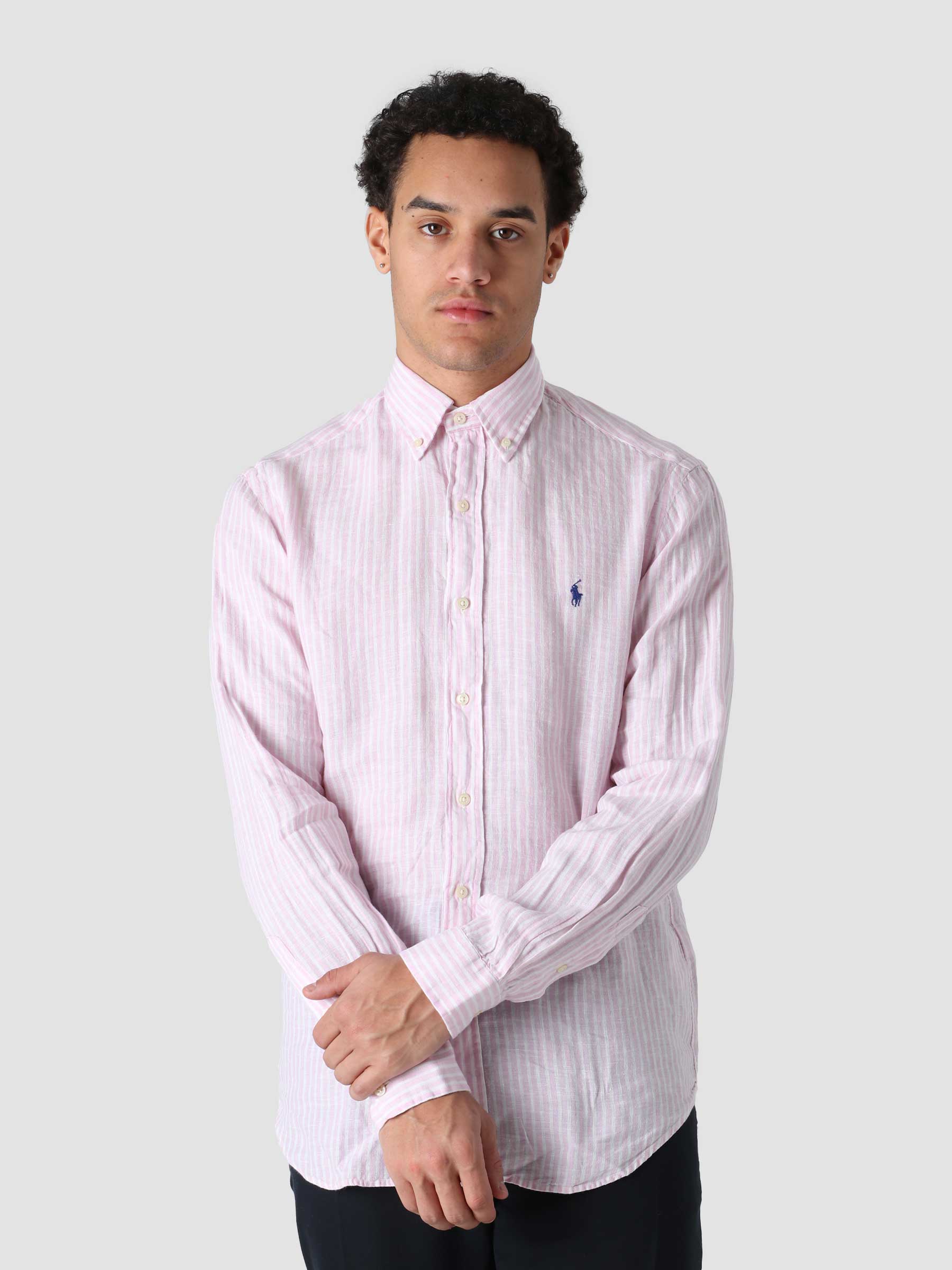 RL Linen Sport Shirt Pink White 710873446002